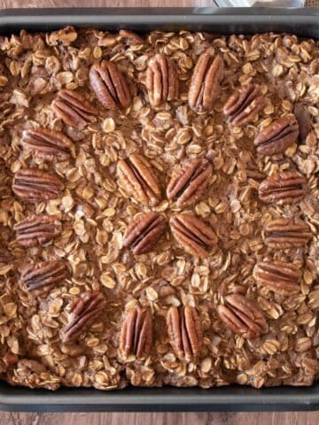 Overhead image of baked oatmeal, still in the baking pan.