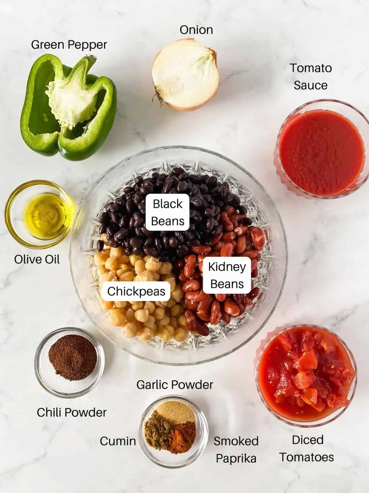 Ingredients for three bean chili.