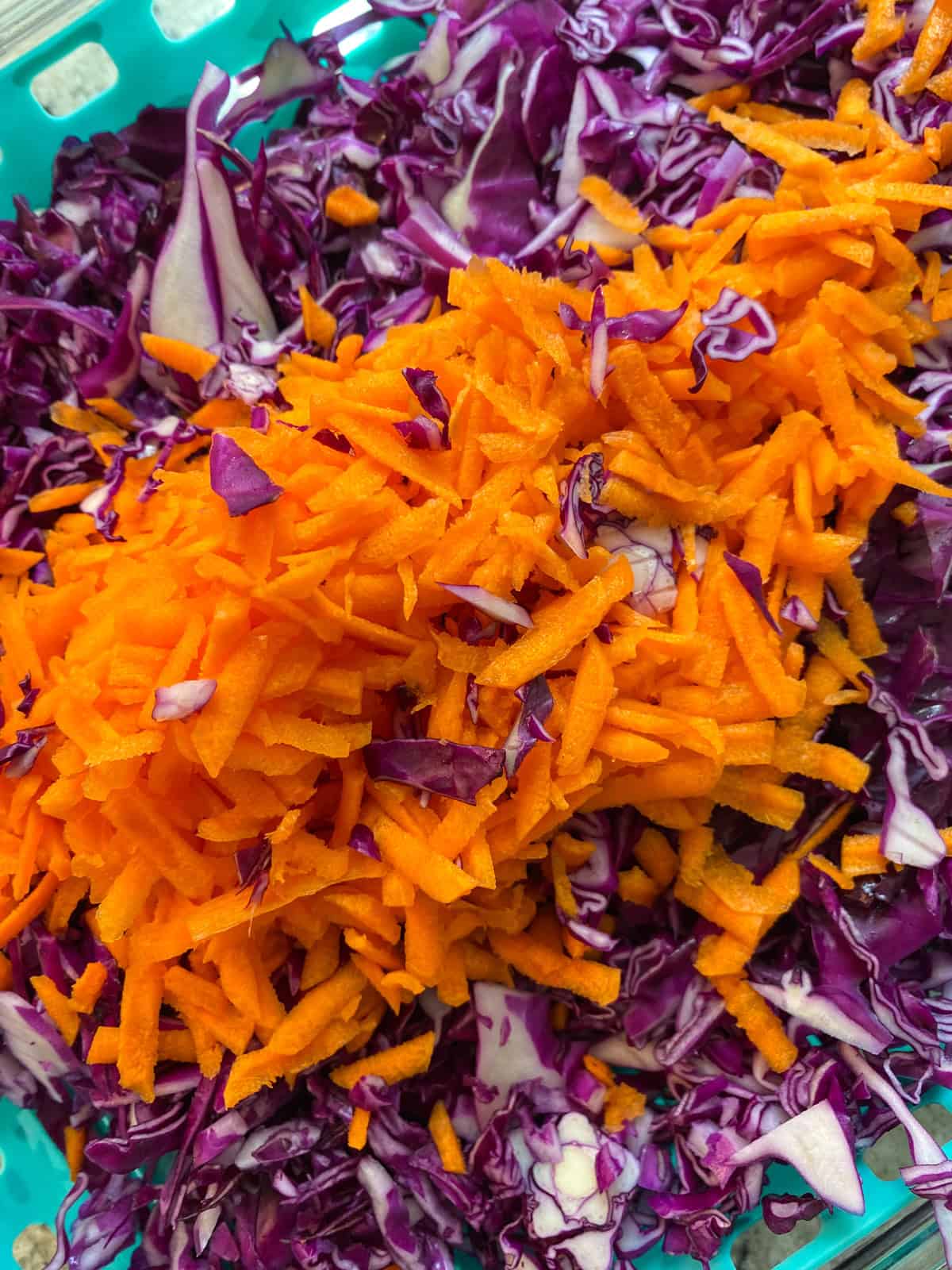 Shredded purple cabbage and carrots in a large bowl.