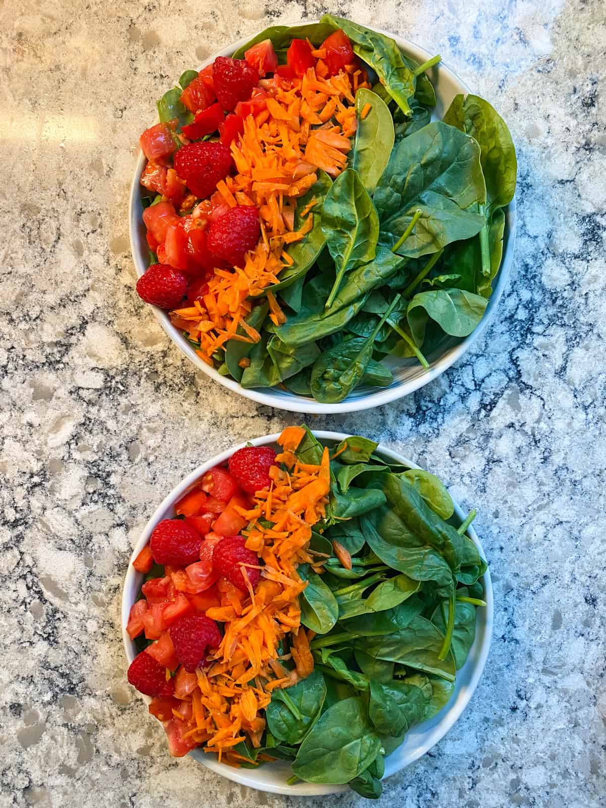 Two plate of salad with a column of shredded carrots place beside the tomatoes.