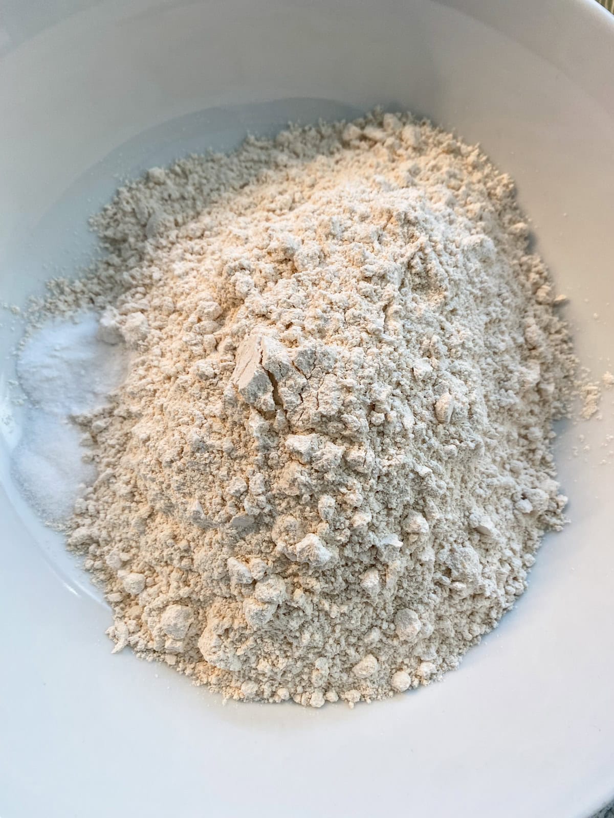 Dry cookie ingredients, in a bowl.