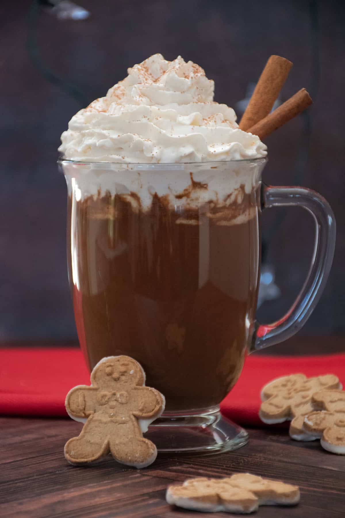 Glass mug of hot cocoa, garnished with whipped cream and 2 cinnamon sticks. Small gingerbread cookies are scattered around the table.