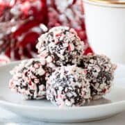 Small plate of peppermint hot cocoa bites.