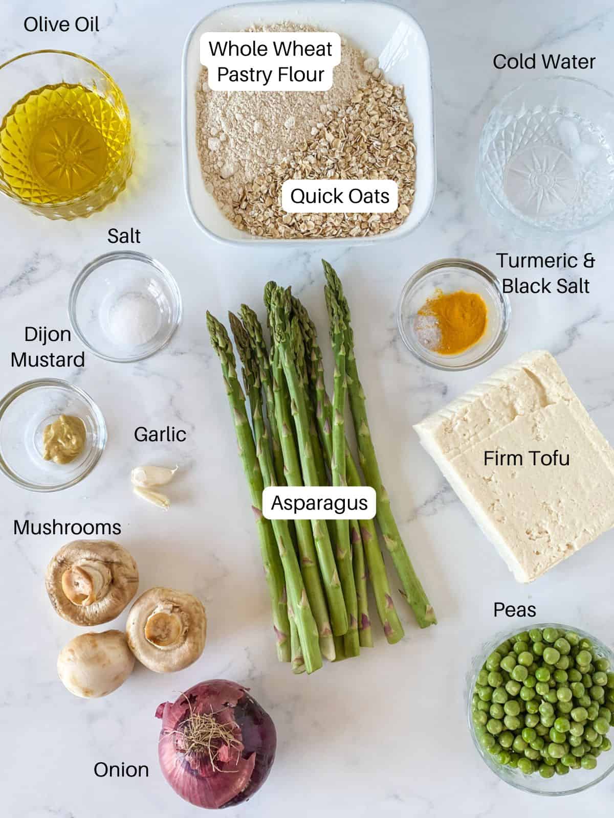 Picture of labeled ingredients for eggless quiche.