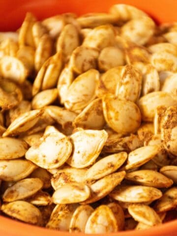 Close up of roasted pumpkin seeds.