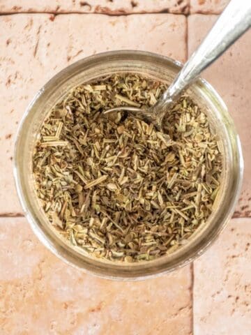 Small jar of Italian seasoning from above.