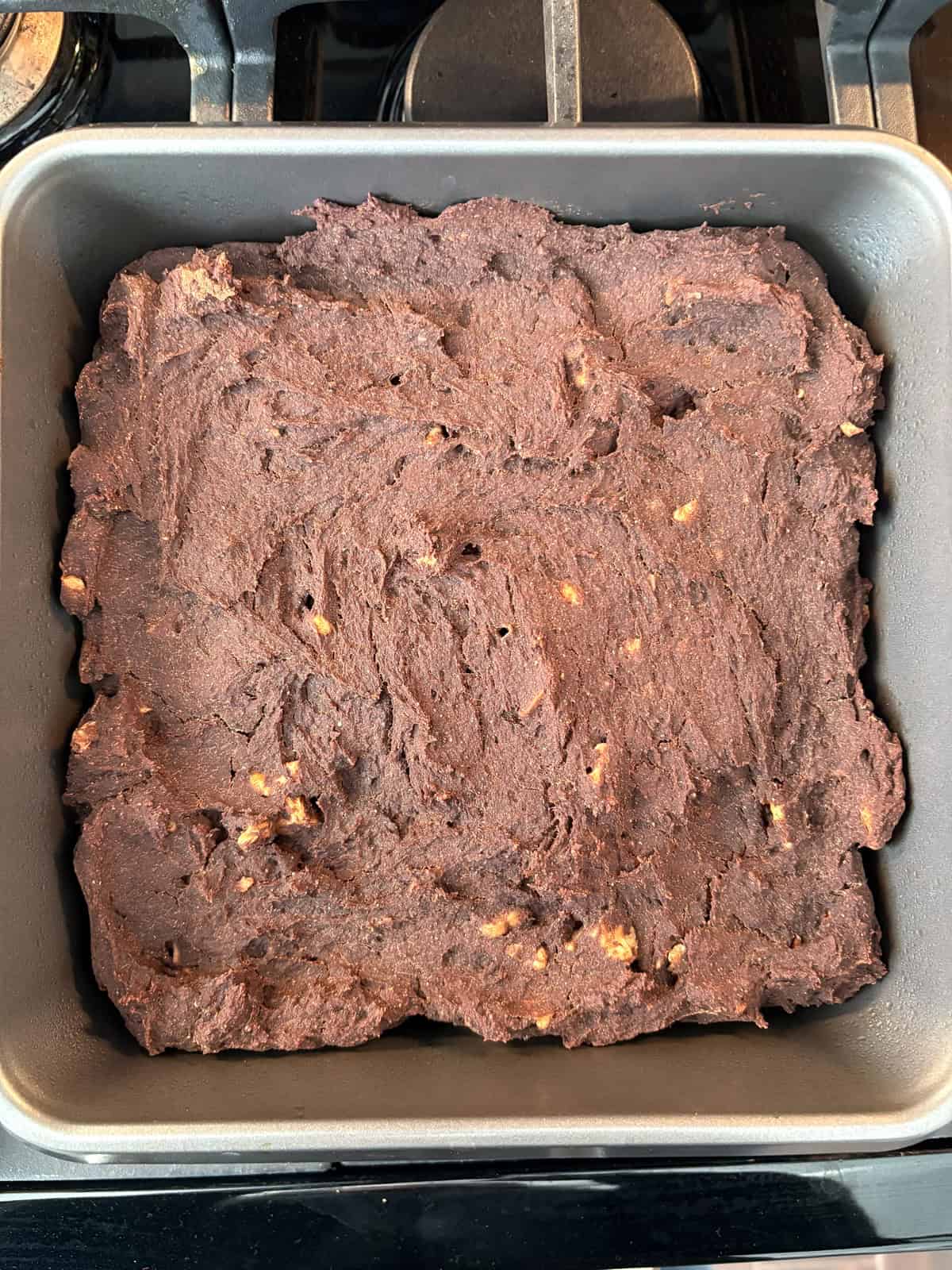 Brownies baked in a pan.