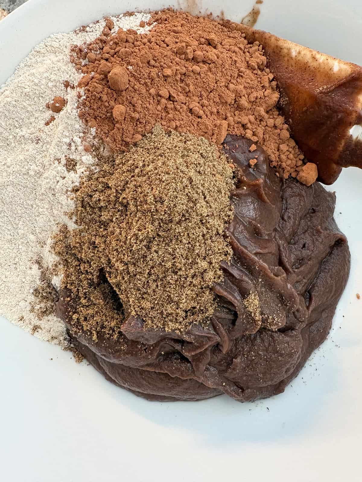 Dry ingredients added to the wet ingredients.