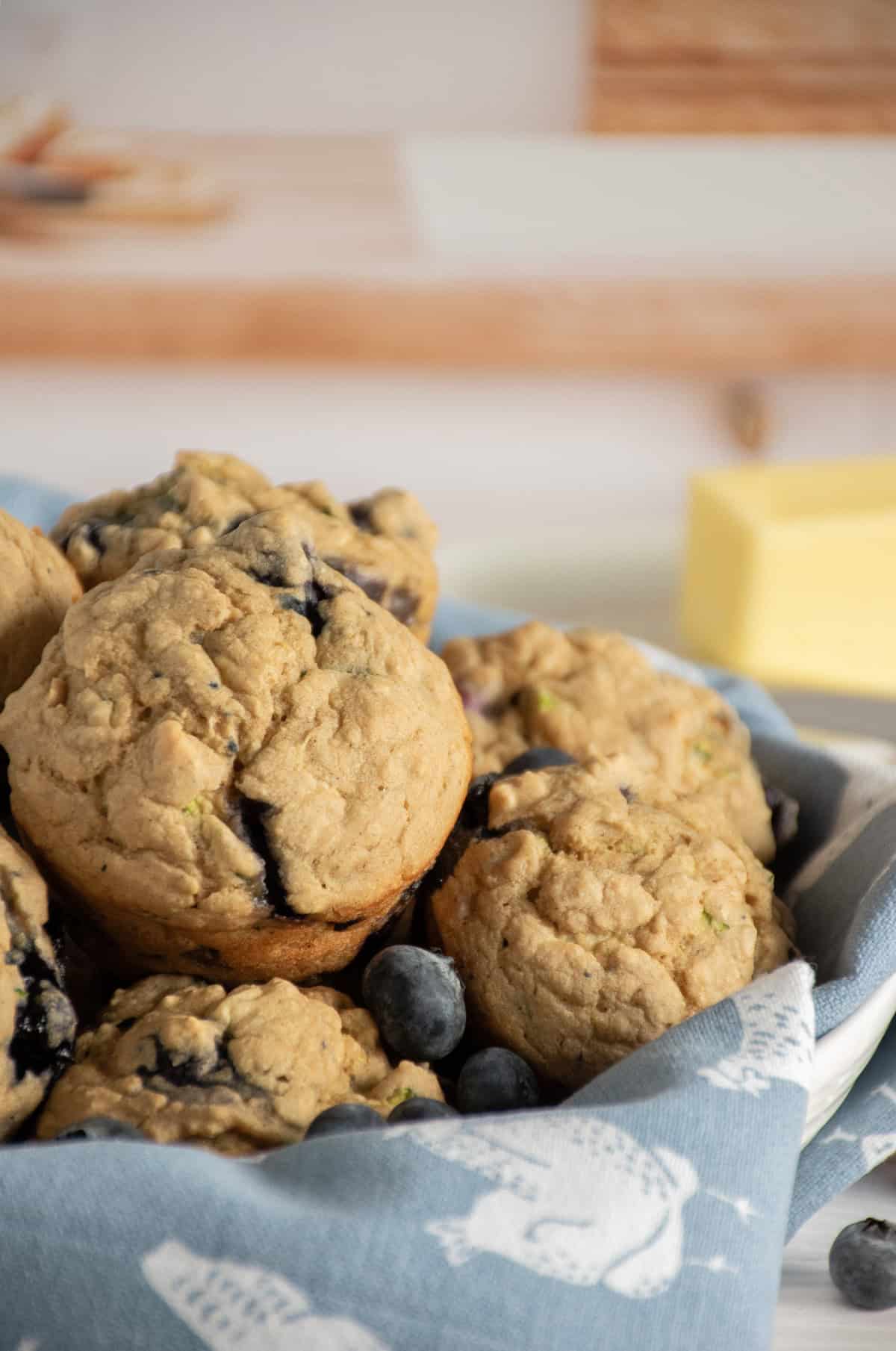 Close up of muffins in a serving bowl.