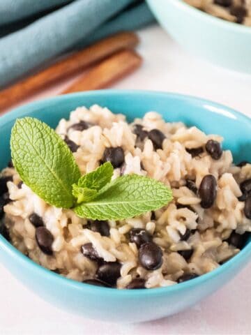 Small bowl of rice and beans, garnished with mint.