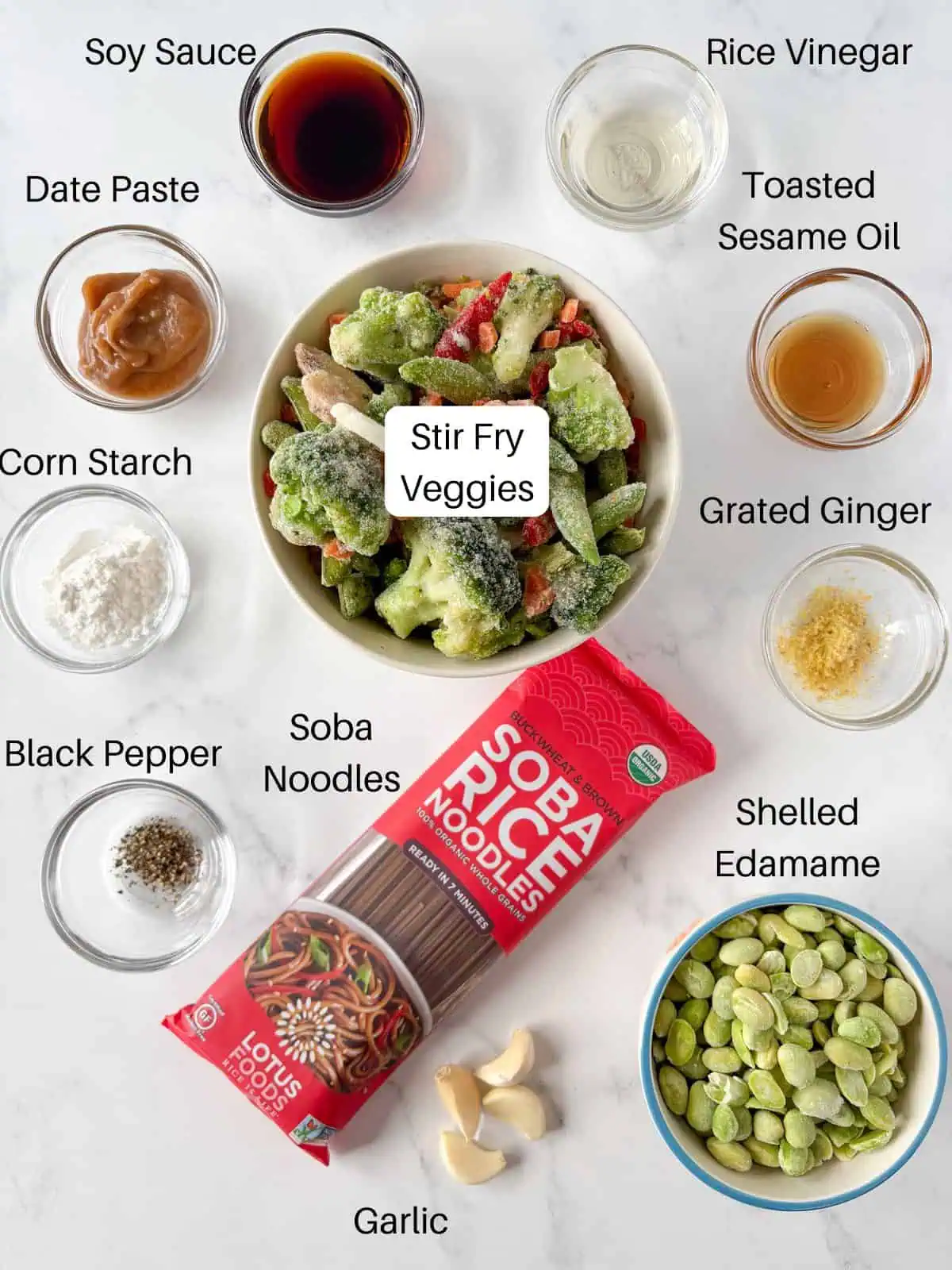 Ingredients for teriyaki soba noodles.