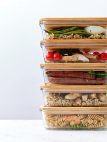 stack of meal prep containers.