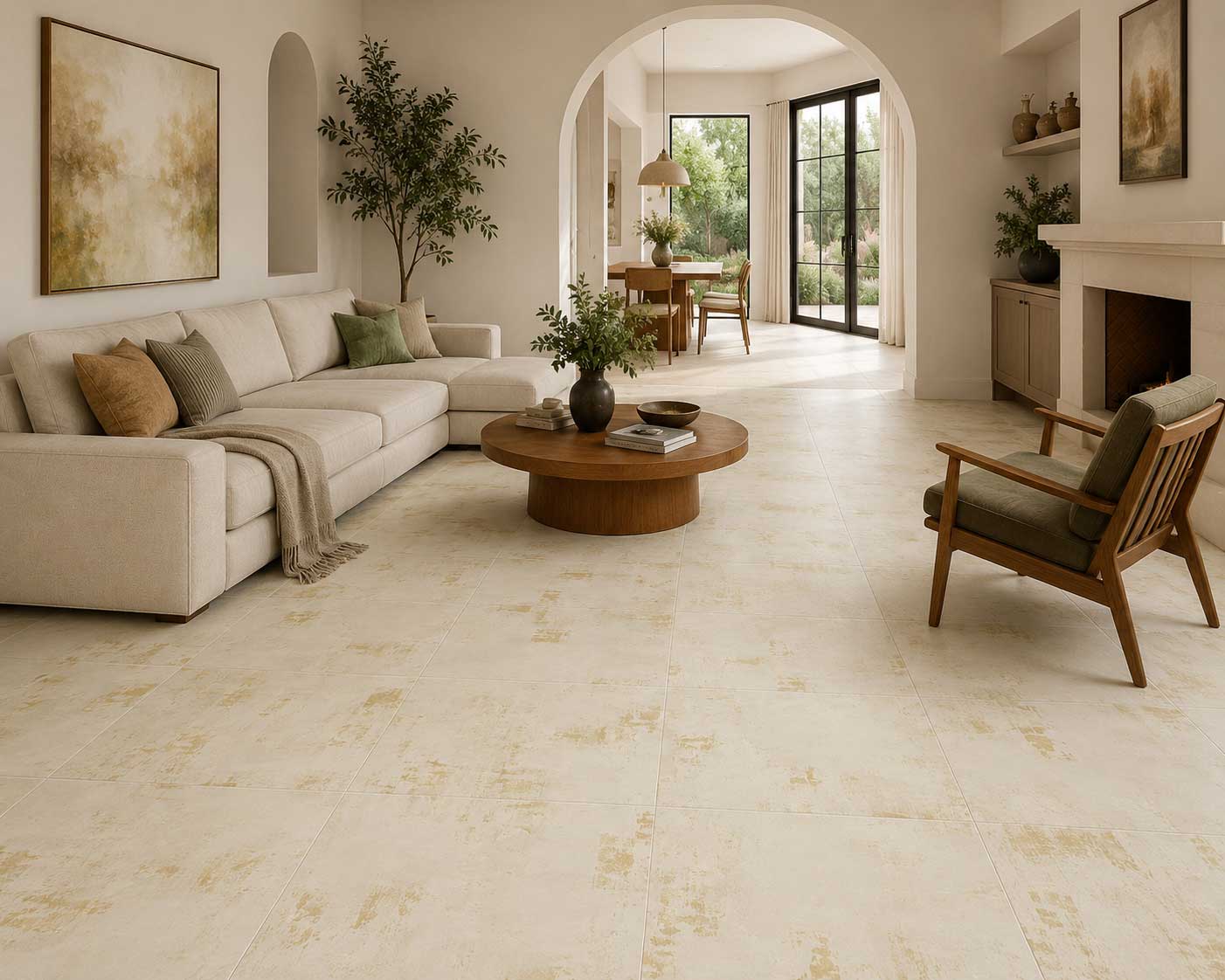 Elegant living room with neutral tones and natural light from large windows.