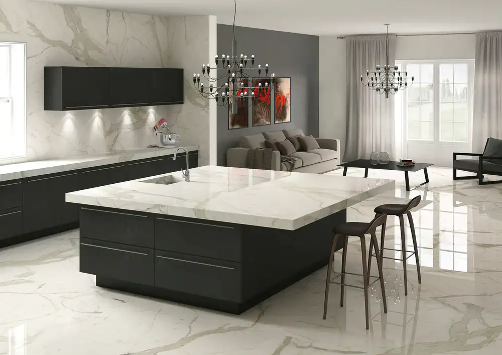 Modern kitchen with black and white marble design and minimalist decor.