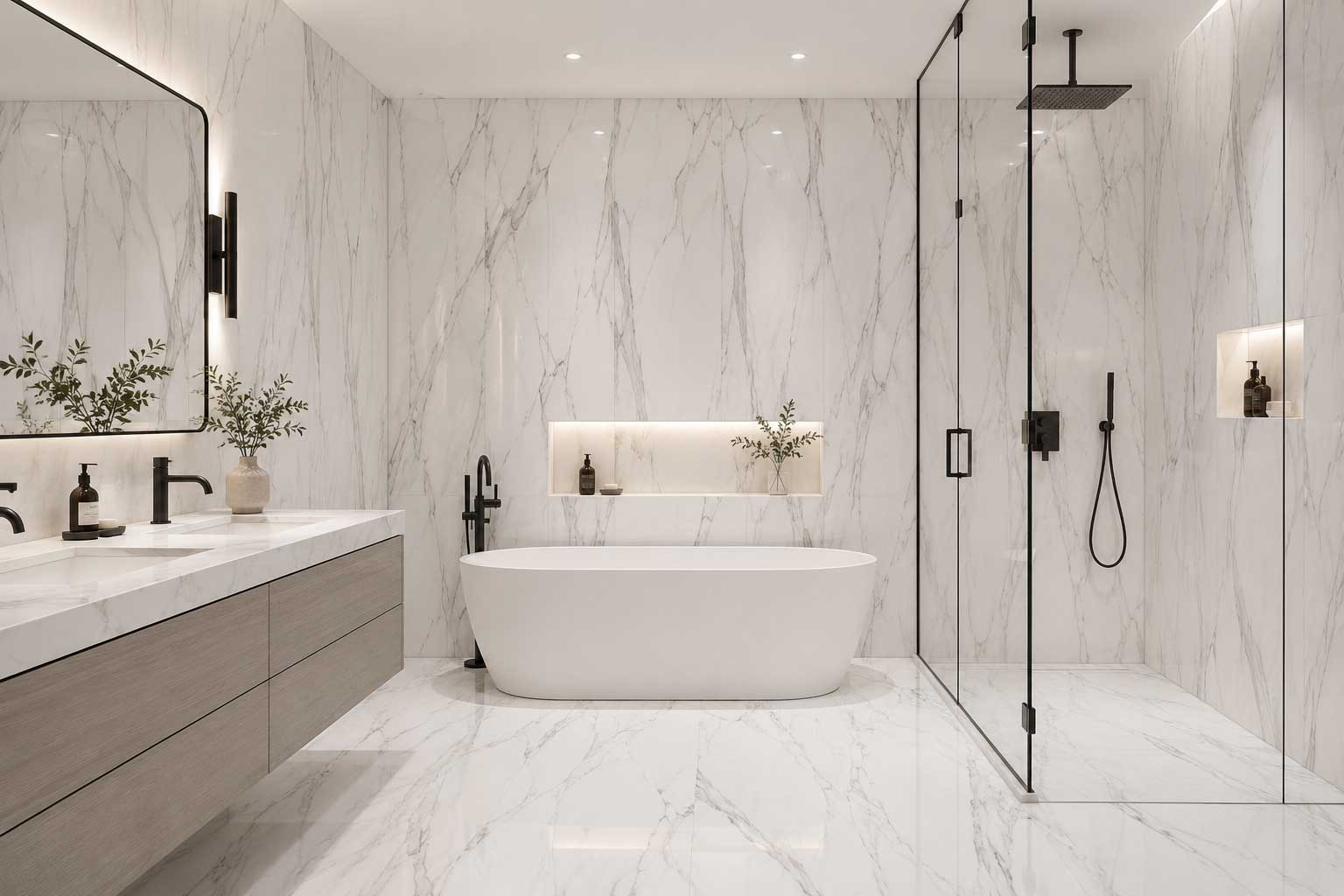 Modern bathroom with marble walls, bathtub, and glass shower enclosure.