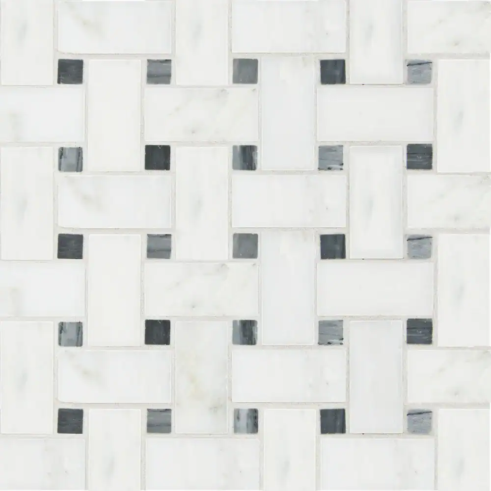Elegant white marble tile pattern with small black accents for interior design.