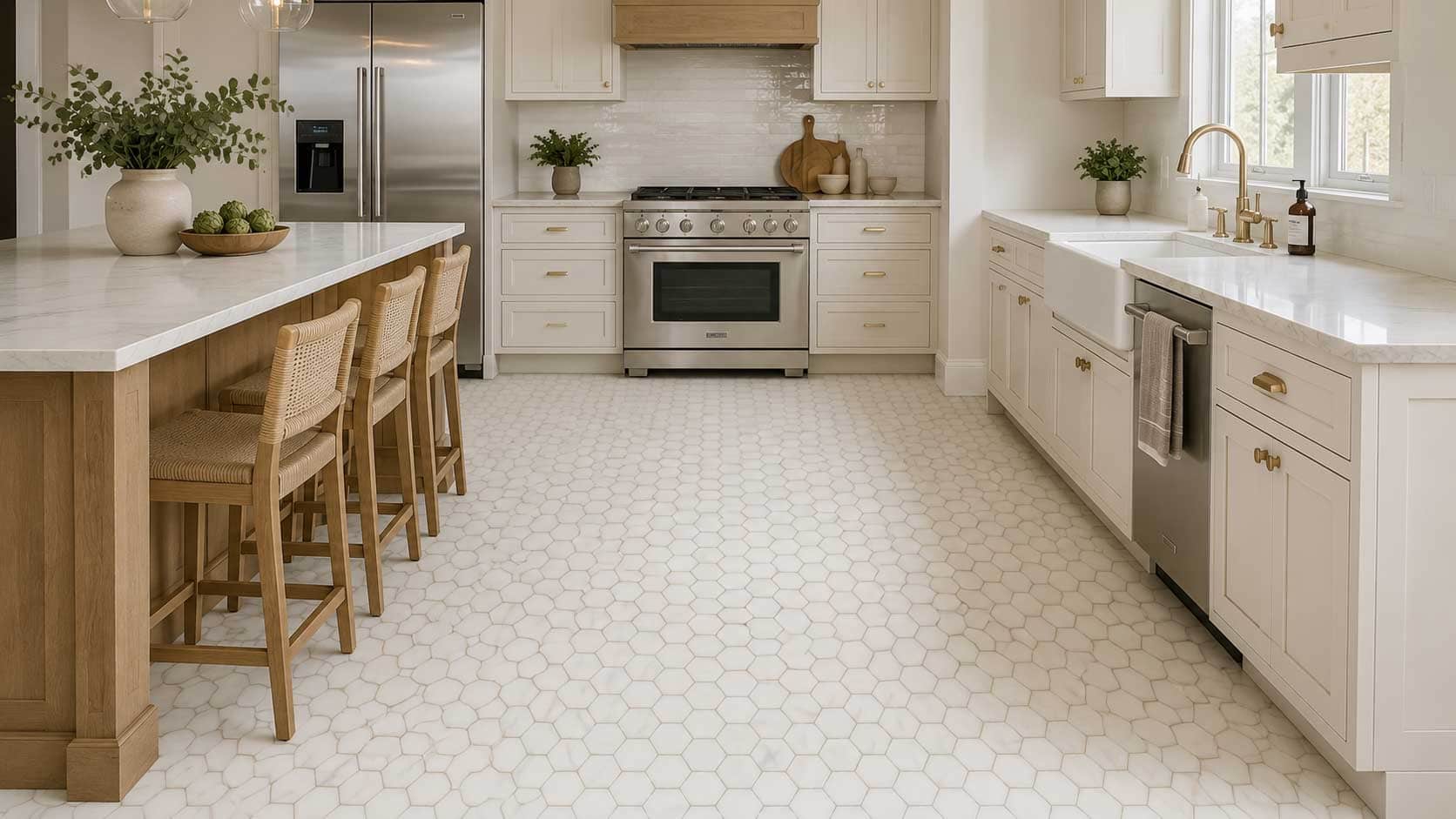 Bright white kitchen with natural light, modern cabinetry, and a spacious layout.