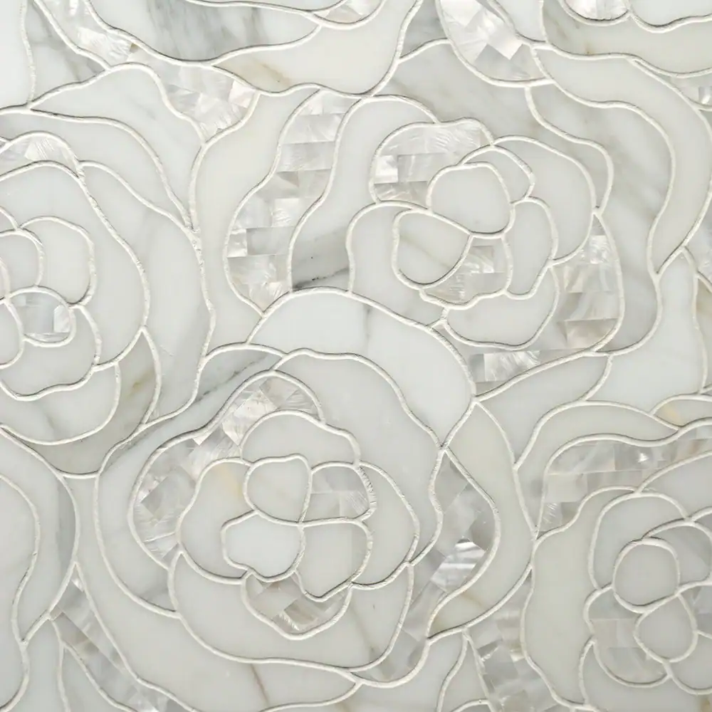 Elegant white floral mosaic tile design for interior decor.