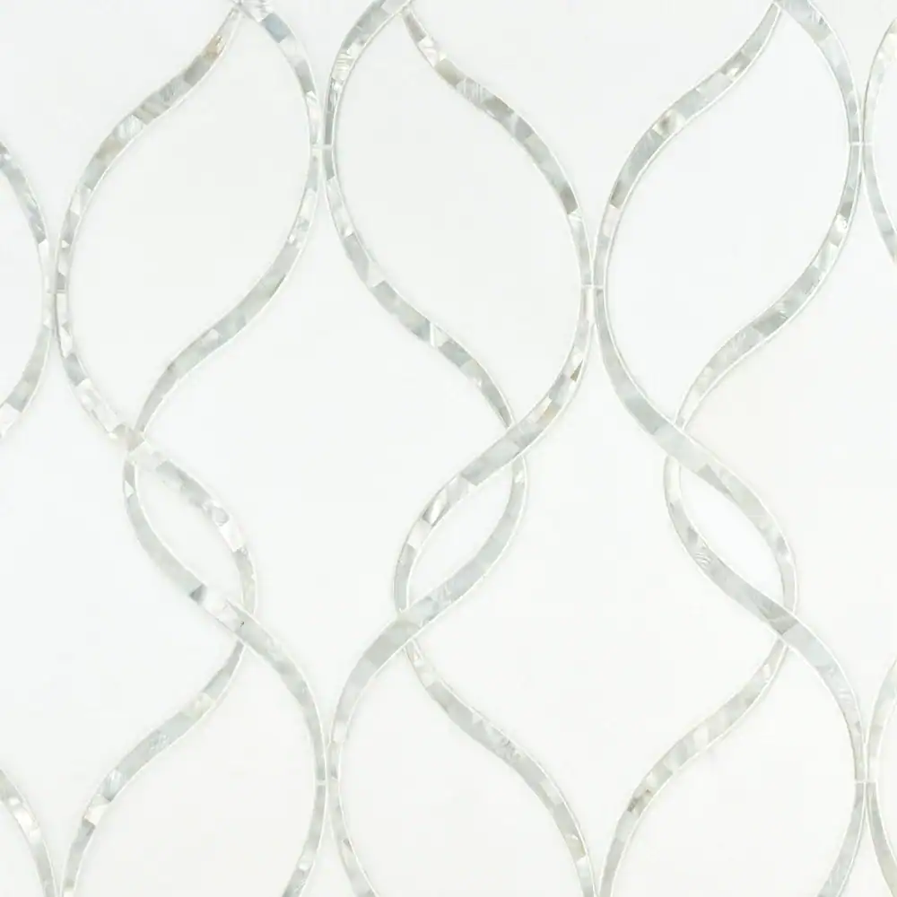 Elegant glass mosaic tile pattern with wavy design for interior decor.