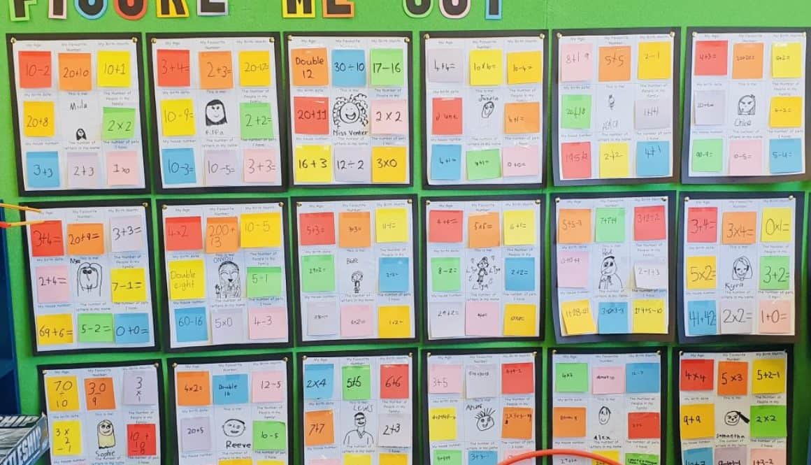 Engaging classroom display of students' math figures at Bell Block School, New Zealand.