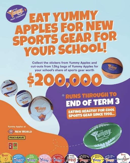 Yummy Apples sports gear fund-raising for Bell Block School, NZ, promoting healthy eating and sports achievements.