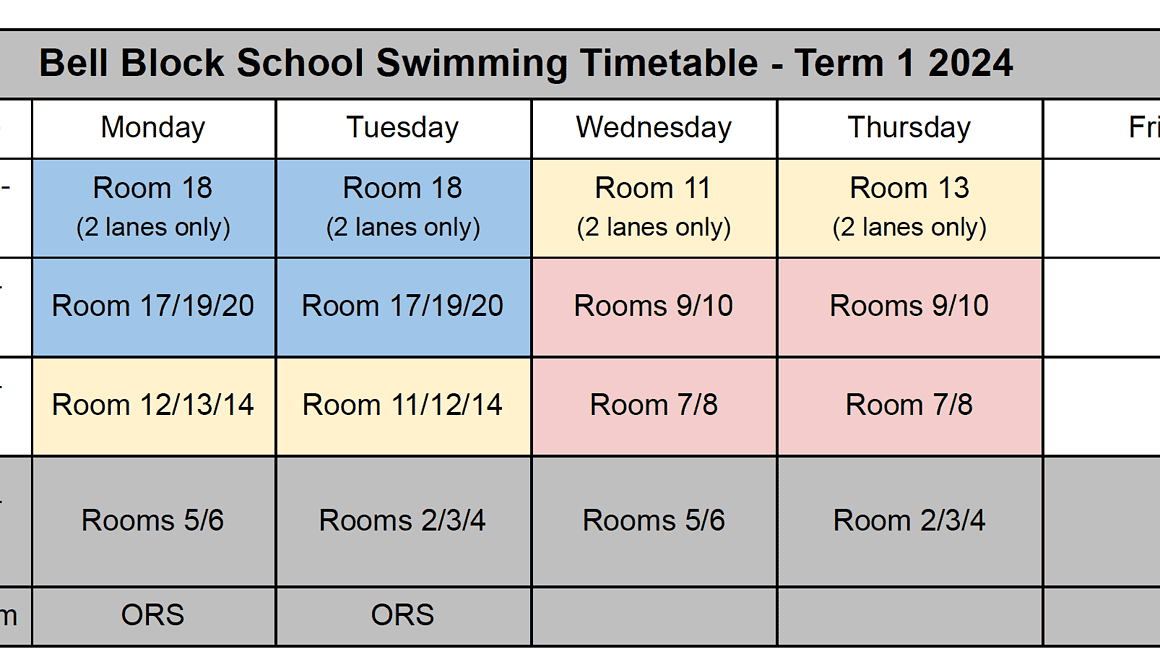 Bell block school swimming timetable for term 1 2024 in nz, inside and outside pool schedule.