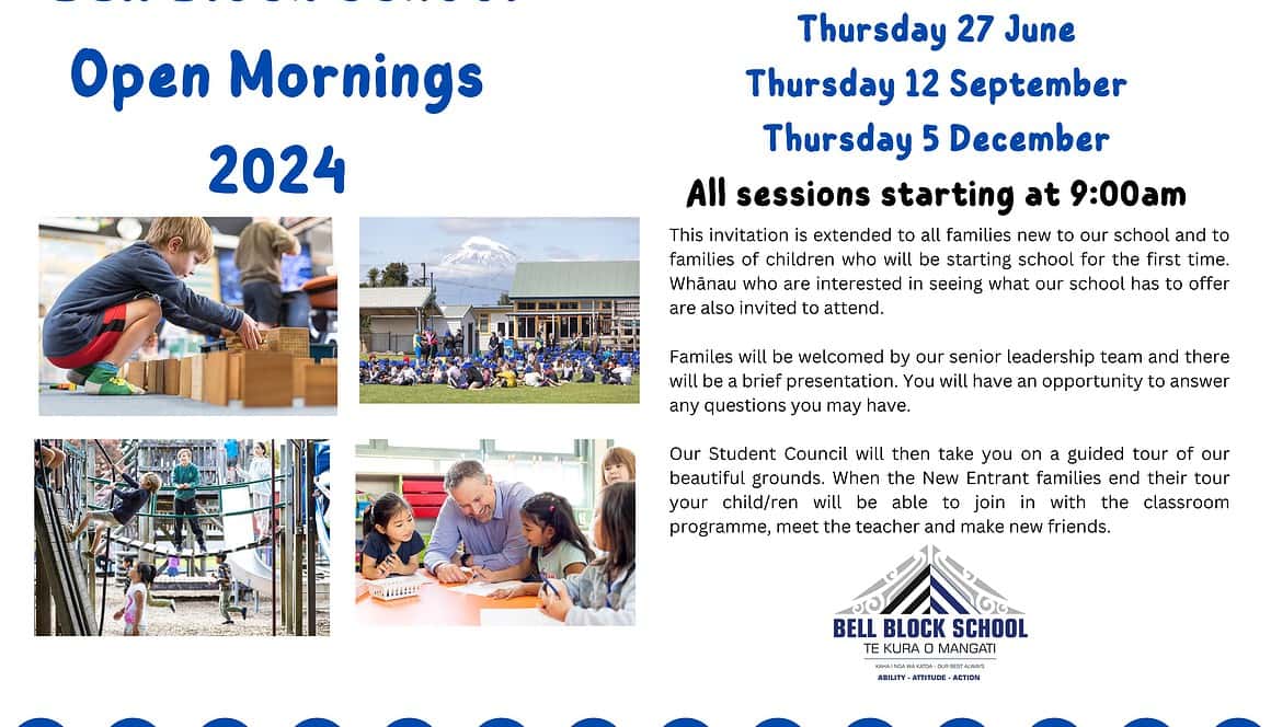 Playful children engaging in classroom activities at Bell Block School Open Mornings in New Zealand.