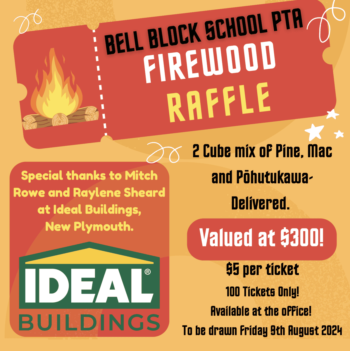 Firewood Raffle Firewood raffle event at Bell Block School, nz, student fundraiser, wood donation, kids school activities.