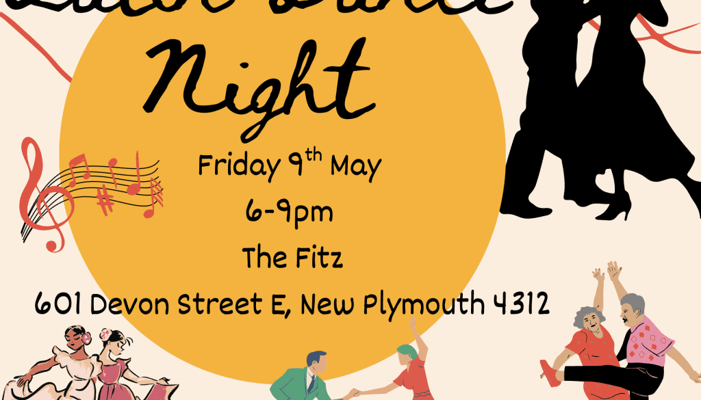Latin dance night event poster with dancing couples and musical notes, promoting a community dance event in New Plymouth.