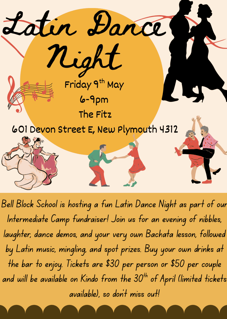 Latin dance night at Bell Block School event poster with dancing silhouettes and musical notes.