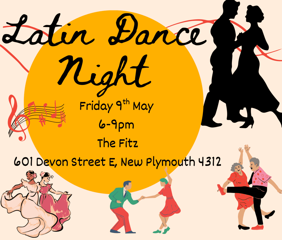 Latin Dance Night Latin dance night event poster with dancing couples and musical notes, promoting a community dance event in New Plymouth.