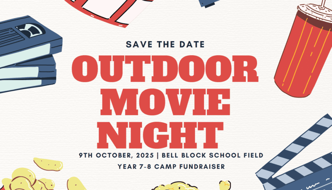 Movie night outdoor event poster at Bell Block School featuring popcorn, film reels, and vintage camera illustrations.
