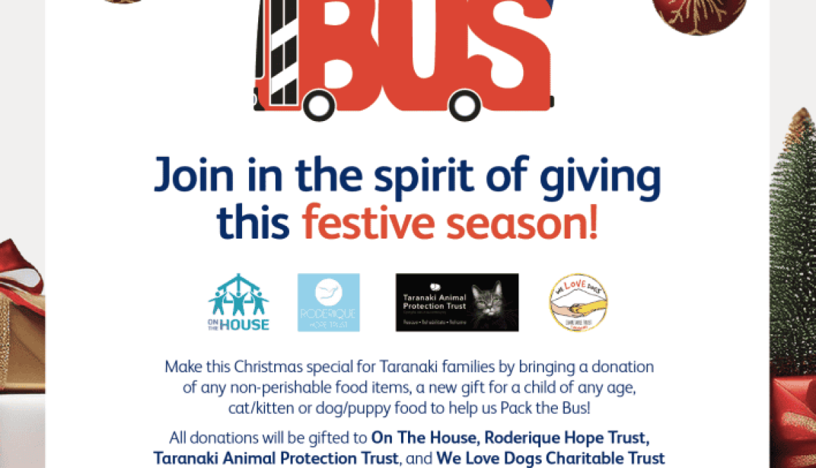 Bright green and red "Pack the Bus" Christmas charity event at Bell Block School, encouraging donations for local animal charities.