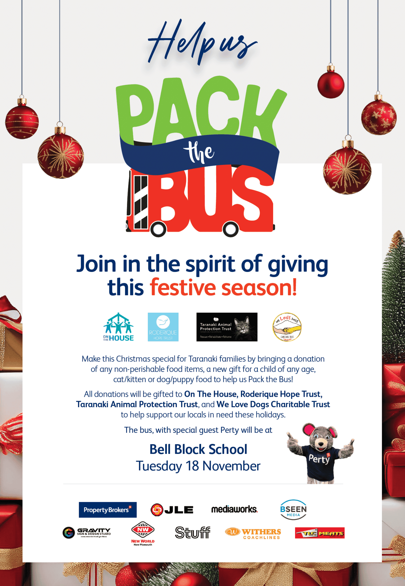 Bright green and red "Pack the Bus" Christmas charity event at Bell Block School, encouraging donations for local animal charities.