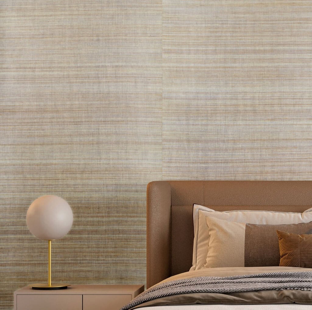 Bedroom with neutral-toned furniture and wall with Stereo Interiors Java fabric wall paper.
