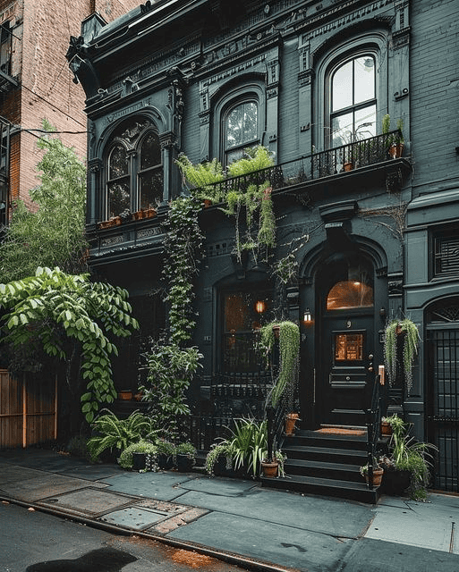 A black and dark green painted townhouse with intricate architectural details, adorned with cascading greenery and potted plants. The moody yet inviting entrance features warm interior lighting peeking through the arched doorway, blending classic luxury with a modern urban aesthetic.