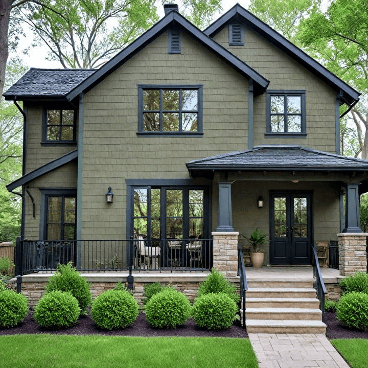 A stylish green Craftsman-style home with black window frames and a spacious front porch. The exterior features a mix of stone and wood accents, creating a balance of natural elegance and contemporary design.