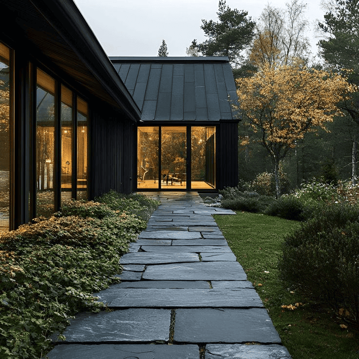 A striking black contemporary home with floor-to-ceiling glass windows, surrounded by nature. A stone pathway leads to the warmly lit interior, showcasing a seamless blend of minimalist luxury and organic landscaping.