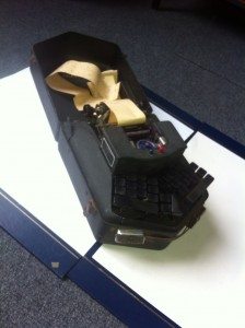 Aircraft cockpit model with detailed controls and seating.