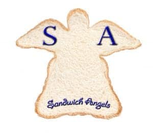 Logo of Sandwich Angels on a slice of bread, representing the brand.