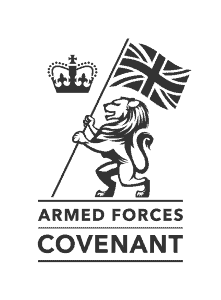 Armed Forces Covenant emblem with lion holding a Union Jack flag.