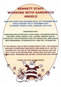 Bennett staff organizing gifts for Sandwich Angels charity event.