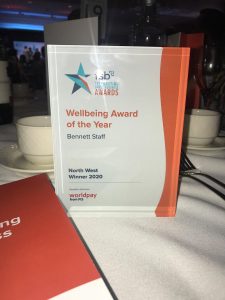Award trophy for Wellbeing Award of the Year 2020 at the Bennett Staff event.