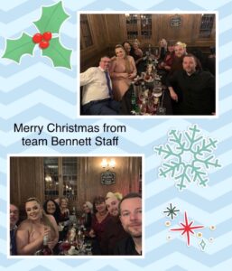Merry Christmas from team Bennett Staff, celebrating the festive season together at a holiday dinner.