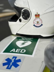 Motorcycle equipped with AED and medical emergency tools for Lifeline Ambulance CIC.