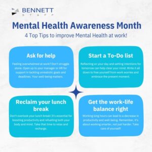 Mental health awareness poster with tips for workplace well-being.
