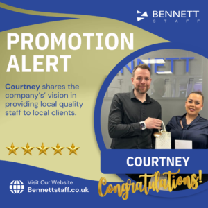 Courtney celebrating success at Bennett Staff with a congratulatory message.