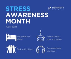 Stress Awareness Month infographic highlighting sleep, breaks, talking, and hobbies.