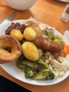Delicious plate featuring onion rings, sausage, broccoli, cauliflower, and mashed potatoes.