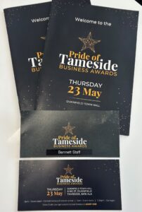 Event programme for Pride of Tameside Business Awards at Dukinfield Town Hall.